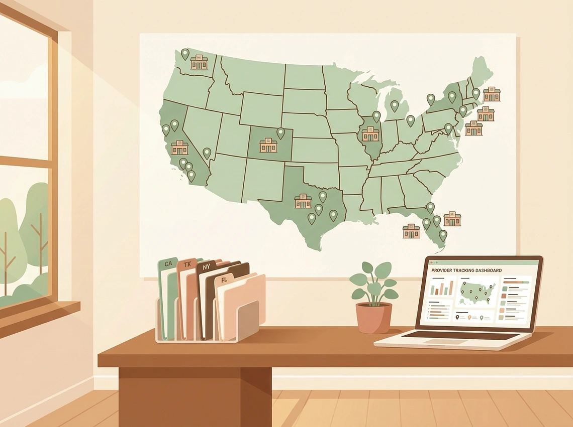 US map with state licenses and credentialing folders