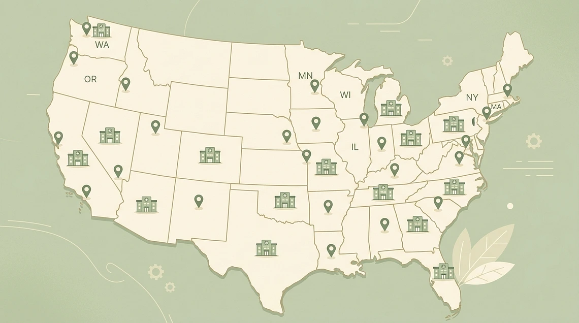 US map with clinic locations across states