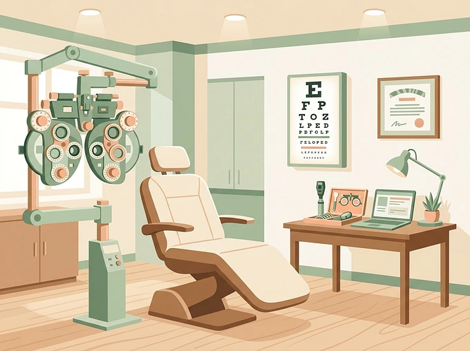 Optometry exam room with phoropter and eye chart
