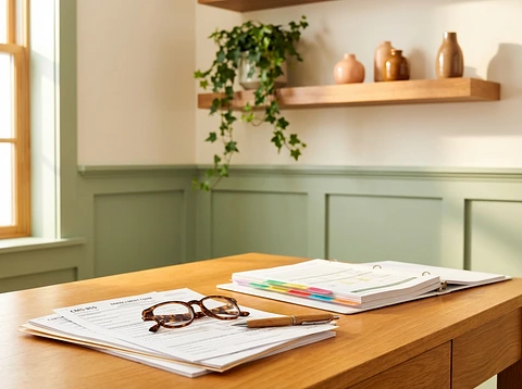 Medicare enrollment forms and reading glasses on warm wood desk