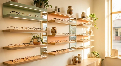 Stylish eyeglasses display in optical shop